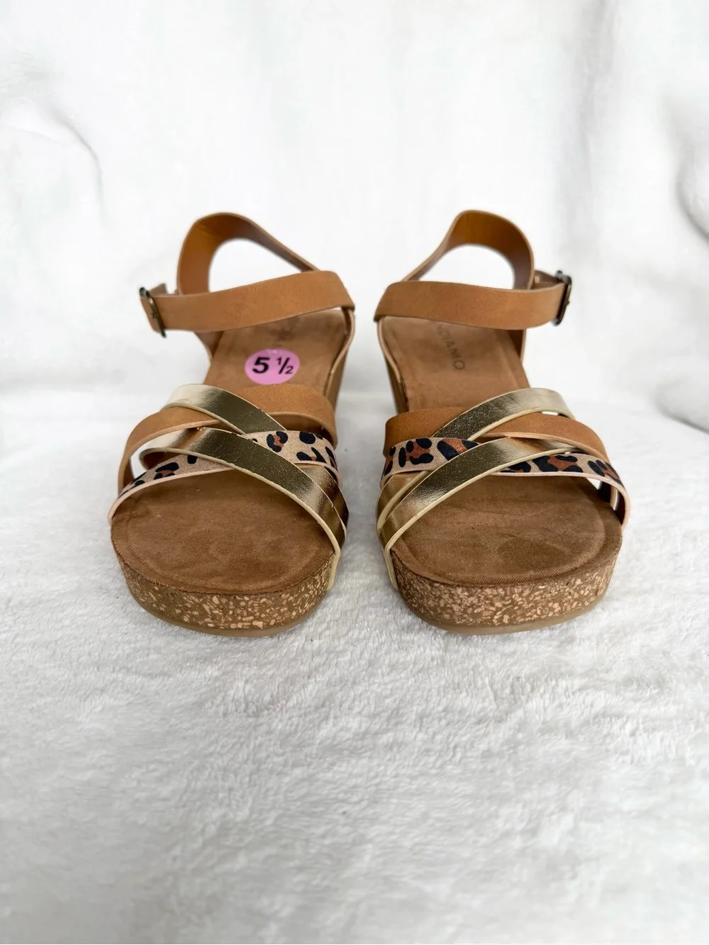 Andiamo Women’s Tan Wedge Sandals with Gold and Leopard Accents Size 5.5 New